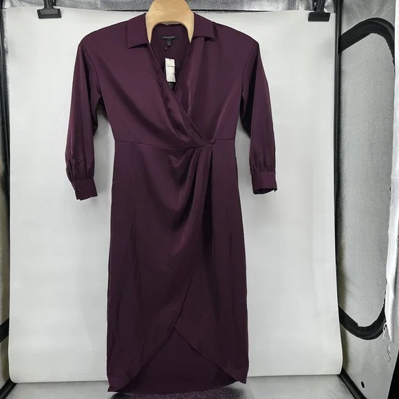 Banana Republic‎ Satin Collar Wrap Purple Midi Dress Size 14 NWT - Pinot Noir - Picture 2 of 15